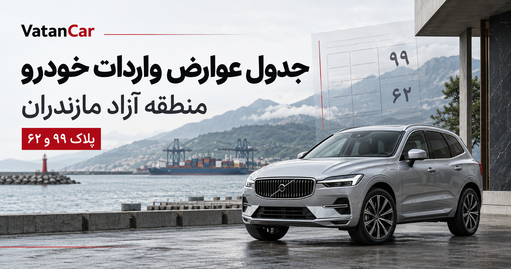 جدول عوارض واردات خودرو با پلاک ۹۹ و ۶۲ منطقه آزاد مازندران